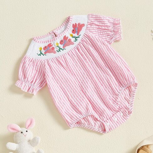 Newborn Baby Girl Easter Romper Short Puff Sleeve Stripes Print Smocked Bodysuit Toddler Baby Girl Dress For 0-6Y in Saudi Arabia