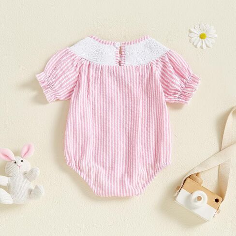 Newborn Baby Girl Easter Romper Short Puff Sleeve Stripes Print Smocked Bodysuit Toddler Baby Girl Dress For 0-6Y in Saudi Arabia