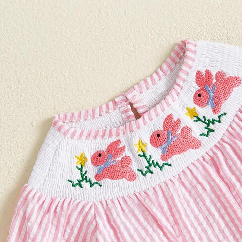 Newborn Baby Girl Easter Romper Short Puff Sleeve Stripes Print Smocked Bodysuit Toddler Baby Girl Dress For 0-6Y in Saudi Arabia