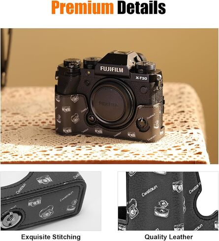 Cwatcun Leather Camera Half Case Compatible with Fujifilm X-T30 II, Vintage Pattern Style Leather Half Case with Magnetic Battery Access, Black in Kuwait