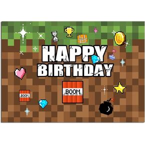 Pixel Backdrop Happy Birthday Party Decoration 6x6Ft Video Game Themed Banner Gaming Gamer Photo Background for Kids Boy Cake Table Supplies