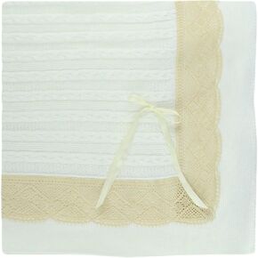 Luxury Spanish Knit Baby Blanket for Boys and Girls with Intricate Lace Trim. Timeless Keepsake. 39'' x 41'' (Beige)