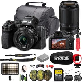 Nikon Z50II Mirrorless Digital Camera with NIKKOR Z DX 16-50mm & 50-250mm Lenses Bundle with 64GB Memory Card + Rode Ultracompact On Camera-Mount Microphone+ LED Light + Vlogging Accessories