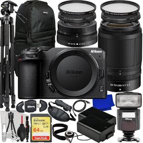 حزمة Ultimaxx Deluxe + Nikon Z30 كاميرا بدون مرآة مع عدسات 16-50 مم و 50-250 مم + Sandisk 64GB Extreme SDXC ، Universal Speedlite ، 60 "ترايبود ، بطاريات 2x ، حقيبة الظهر حبال وأكثر من ذلك بكثير (حزمة 33 ٪)