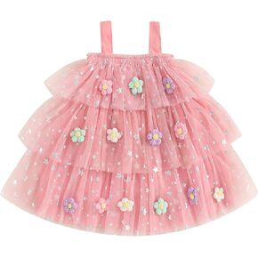 Kids Toddler Girl Tulle Dress Butterfly Flower Star Sequin Sleeveless Tiered Dresses Princess Sundress Summer Outfit