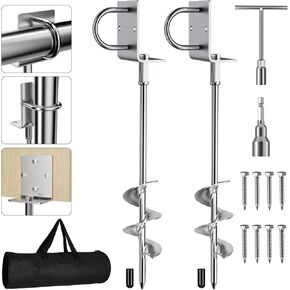 Phopich Multi-Purpose Ground Anchors Screw in, Fully Welded Heavy Duty Trampoline Stakes with Brackets, T-Wrench and Adapter for Drill, Earth Anchor kit for Mobile Home, Trampoline, Shed