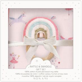 MON AMI Mother Goose Swaddle & Rattle Gift Set – Soft 47" Cotton Muslin Blanket for Newborns, Tummy Time, Sunshield, Nursing Cover & Privacy Throw with 6" Plush Rattle