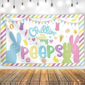 Easter Decorations Happy Easter Peeps Backdrop Spring Bunny Rabbit Banner Happy Easter Peeps Decorations for Home Party