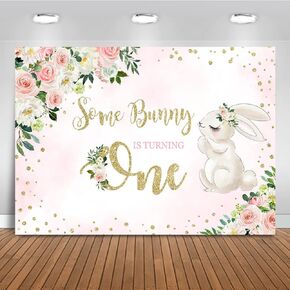 Mocsicka Blush Pink Bunny 1st Birthday Backdrop Some Bunny is Turning One Background Spring Easter Floral Rabbit Girls Birthday Party Cake Table Decoration Photo Booth Props (7x5ft)