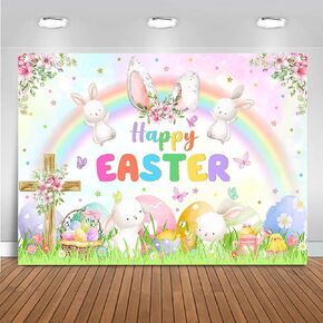 Mocsicka 7x5ft Spring Easter Photography Backdrop Pastel Rainbow Garden Bunny Rabbit Photo Banner Happy Easter Colorful Eggs Hunt Party Decorations Photo Props