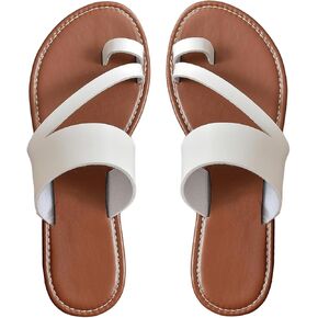 OYOANGLE Women's PU Leather Toe Ring Sandals Strappy Slip On Flat Casual Flip Beach Vacation Flops