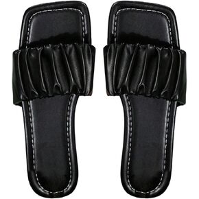 OYOANGLE Women's PU Leather Open Square Toe Flat Sandal Ruched Summer Casual Slip On Slides
