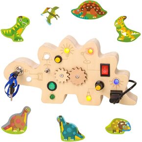 Montessori Busy Board for 3 + Year Old Dinosaur Toddler Toys Sensory Toys with 8 Led Light and Switch Kids Learning Activities Baby Airplane Travel Essential Road Trip, Medium, Green