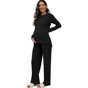 OYOANGLE Women's Maternity 2 Piece Pajama Set Ribbed Knit Long Sleeve Top and Pants Pjs Lounge Sets