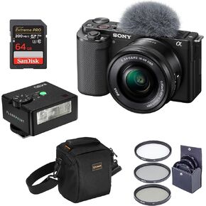 Sony ZV-E10 Mirrorless Camera with 16-50mm Lens, Black Bundle with Flashpoint iM30 Mini Flash for Camera, Memory Card, Shoulder Bag, Filter Kit