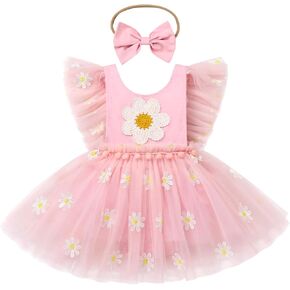 IBTOM CASTLE Baby Girl Romper Dress Princess Flutter Sleeve Tulle Tutu Dress Flower Strawberry Summer Clothes with Headband