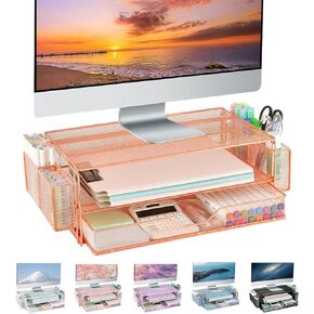 AUPSEN Computer Monitor Stands Riser with Drawers and 2 Pen Holder, Desk Accessories & Workspace Desk Organizers, Desktop Organizer for Computer, Laptop, Printer, Office Supplies(Rose Gold)