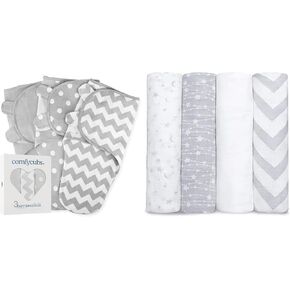 Comfy Cubs Swaddle Blanket Baby Girl Boy Easy Adjustable 3 Pack and Muslin Swaddle Blankets Bundled