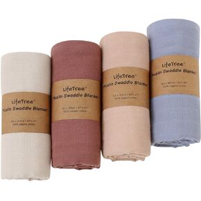 LifeTree 4 Pack Baby Swaddle Blankets for Boys & Girls, Soft Muslin Swaddle Blankets, Organic Cotton Muslin Receiving Blanket Earthy Color Baby Swaddling for Newborn, Large 47 x 47 inches
