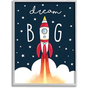 Stupell Industries Dream Big Sentiment Rocket Blast Off Starry Clouds, Designed by Elizabeth Tyndall Gray Framed Wall Art, Blue