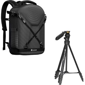 Tarion Hard Camera Backpack + Travel Tripod للكاميرا والهاتف | 55 بوصة من الألومنيوم طول الكاميرا خفيفة الوزن حامل ترايبود مع حامل الهاتف Squorpion و Hardshell Camera Bag Bag Black Tr-H