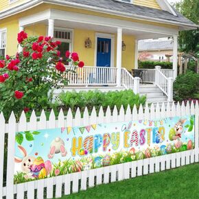 Spring Happy Easter Banner Bunny Egg Flower Theme Sign Easter Day Home Yard Decoration Rustic Farmhouse Easter Wall Garland Party Supplies Photography Background 98.4x17.7 Inch