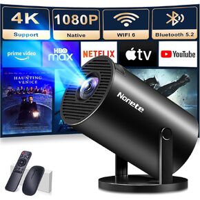 Mini Projector 1080P, 4K Projector Full HD with WIFI 6 and Bluetooth 5.2, Support 180° Rotatable Portable Projector with Auto Keystone Correction, Built-in App Compatible with Phone/HDMI/USB-White