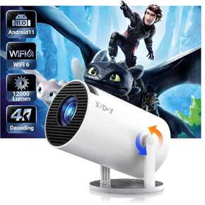 Smart Mini Projector WiFi6 Bluetooth 5.0 XGODY Gimbal 3 Protable Projector 12000L Support 4K with Android TV 11.0, Auto Keystone Correction Video Projector, 180°Rotatable Stand for Home Movie（White）