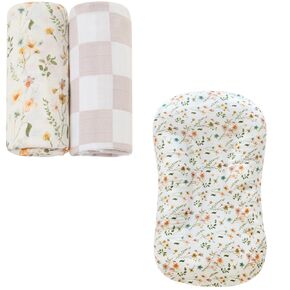 LifeTree Muslin Swaddle Blankets Neutral, 70% Viscose from Bamboo and 30% Cotton, Large 47 x 47 inches and Baby Lounger Cover 1 Pack Floral