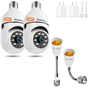 3MP Light Bulb Security Camera and Light Socket Extender, WiFi Security Cameras with Alexa, Automatic Human Tracking, Motion Zones Detection Alarm, Color Night Vision, 2-Pack