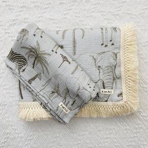 Baby & Mom Matching Muslin Blanket Set | Baby Swaddle 40in.x48in., 2 Layers | Adult Blanket 60in.x90in. (Queen Size), 2 Layers | Breathable, Skin-Friendly Cotton Muslin in Grey Animal Safari Print
