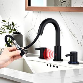 KZH Touchless Bathroom Faucet 3 Hole Brushed Gold, 8 inch Widespread Bathroom Faucet with Pull Down Sprayer, Pull Out Sprayer Bathroom Sink Faucet with Pop Up Drain, 2 Handle Vanity Faucet