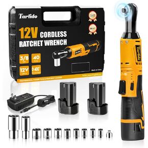 Cordless Electric Ratchet Wrench, 3/8" 12V Battery Powered Ratchet Tool Kit, 40 Ft-Lbs 400 RPM Ratchet Wrench Set with LED Light, 2 Batteries, 11 Sockets and Fast Charger-Yellow