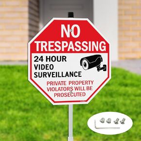 GicnKeuz Large Video Surveillance Sign, No Trespassing Signs Private Property Sign with 36" Metal Stakes, 12"x12" Aluminum Signs,Fade Resistant/Waterproof, Including Screws, Easy to Install, Outdoor