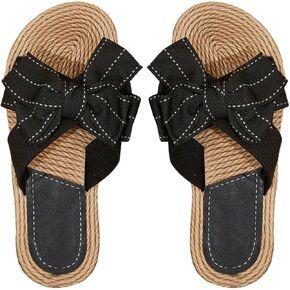 OYOANGLE Women's Bowknot Open Toe Slip on Slide Sandals Woven Casual Beach Flat Sandals