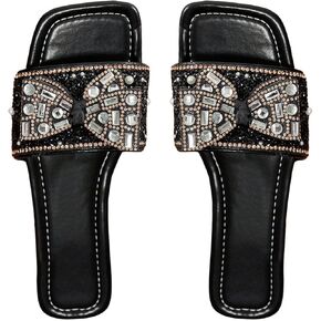Gorglitter Women's Rhinestone Bow Sandals Flat Square Square Open Stee Summer Slide Sandals