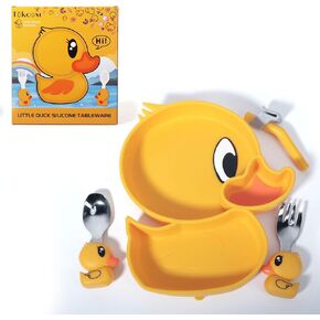 Baby Suction Plate, Infant Catoon Suction Silicone Plate, Toddler Suction Divided Plates with Spoon & Fork, BPA Free (Duck, Middle)