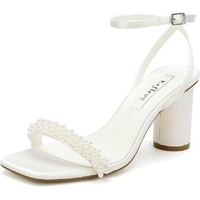 Block Heel Wedding Sandals Pearl Heels Wedding Shoes for Bride Open Square Toe Bridal Shoes
