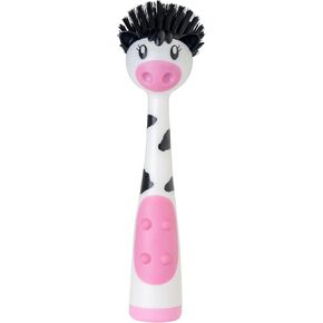 Vigar Moo Cow-Shaped Soap Dispensing Dish Brush, Dish Brush with Soap Dispenser for Pot Scrubber, Dishes, Sink, and Kitchen Essentials, White, Black