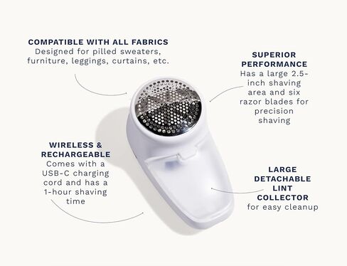 Nori Trim Fabric Shaver - Lint Remover for Clothes & Furniture Couch Pilling - Sweater Pill Remover - Clothes Shaver w/ 6 Precision Blades - Wireless & Rechargeable - Great Gift Idea for Mom-White in Kuwait