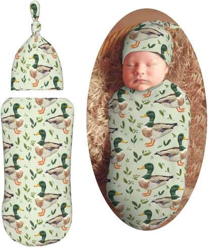 KiuLoam Cute Mallard Duck Leaf Animal Print Newborn Swaddle Blanket with Hat Set Soft Baby Receiving Blankets Baby Swaddle Sack for Baby Boys Girls in Saudi Arabia