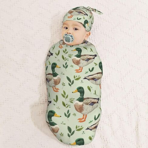 KiuLoam Cute Mallard Duck Leaf Animal Print Newborn Swaddle Blanket with Hat Set Soft Baby Receiving Blankets Baby Swaddle Sack for Baby Boys Girls in Saudi Arabia