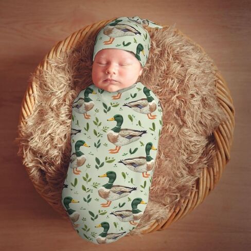 KiuLoam Cute Mallard Duck Leaf Animal Print Newborn Swaddle Blanket with Hat Set Soft Baby Receiving Blankets Baby Swaddle Sack for Baby Boys Girls in Saudi Arabia