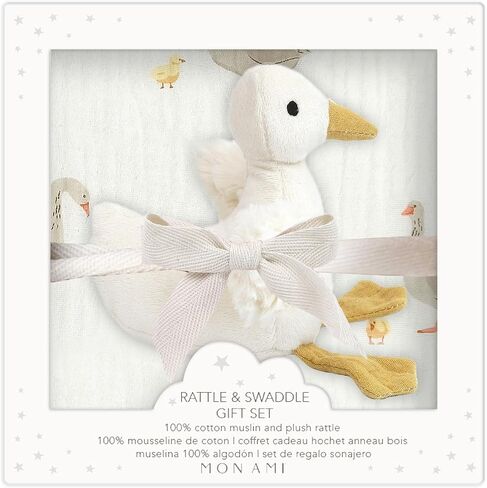 MON AMI Mother Goose Swaddle & Rattle Gift Set – Soft 47" Cotton Muslin Blanket for Newborns, Tummy Time, Sunshield, Nursing Cover & Privacy Throw with 6" Plush Rattle in Kuwait