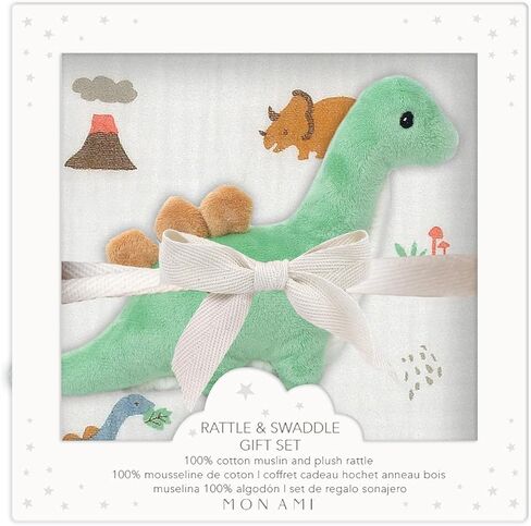 MON AMI Mother Goose Swaddle & Rattle Gift Set – Soft 47" Cotton Muslin Blanket for Newborns, Tummy Time, Sunshield, Nursing Cover & Privacy Throw with 6" Plush Rattle in Kuwait