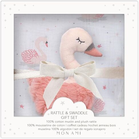 MON AMI Mother Goose Swaddle & Rattle Gift Set – Soft 47" Cotton Muslin Blanket for Newborns, Tummy Time, Sunshield, Nursing Cover & Privacy Throw with 6" Plush Rattle in Kuwait