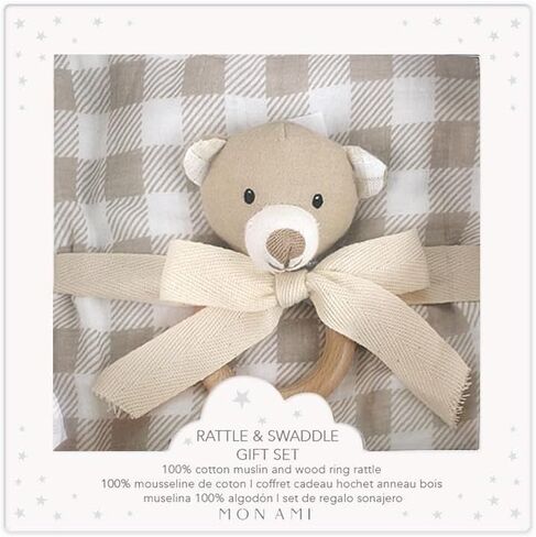 Mon Ami Mother Goose Swaddle & Rattle Gift Set - بطانية من القطن 47 بوصة من القطن للحديدين الجدد ، ووقت البطن ، و Sunshield ، وغطاء التمريض ورمي الخصوصية مع 6 "حشرجة الموت الفخمة in Kuwait
