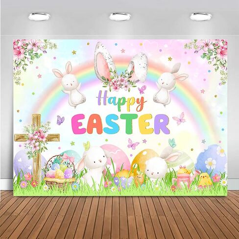 Mocsicka 7x5ft Spring Easter Photography Backdrop Pastel Rainbow Garden Bunny Rabbit Photo Banner Happy Easter Colorful Eggs Hunt Party Decorations Photo Props in Kuwait