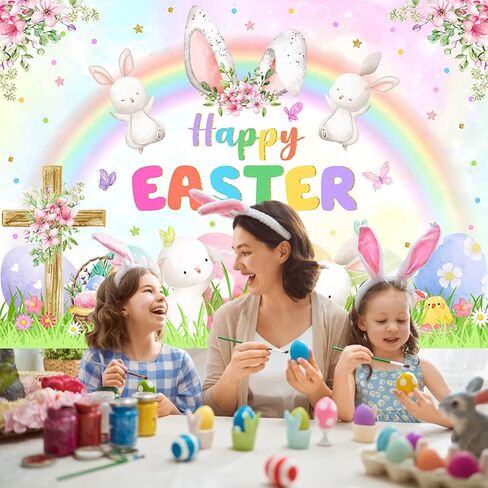 Mocsicka 7x5ft Spring Easter Photography Backdrop Pastel Rainbow Garden Bunny Rabbit Photo Banner Happy Easter Colorful Eggs Hunt Party Decorations Photo Props in Kuwait