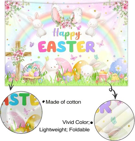 Mocsicka 7x5ft Spring Easter Photography Backdrop Pastel Rainbow Garden Bunny Rabbit Photo Banner Happy Easter Colorful Eggs Hunt Party Decorations Photo Props in Kuwait
